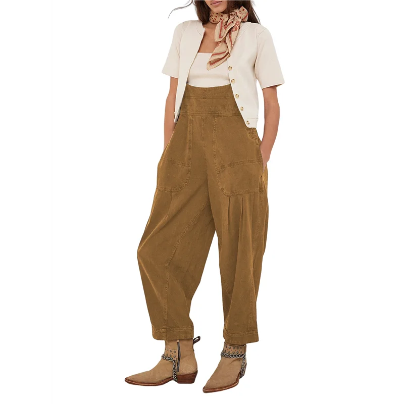 A09P femme ample décontracté côté sans manches Denim réglable barboteuse combinaison avec poches Bronze S