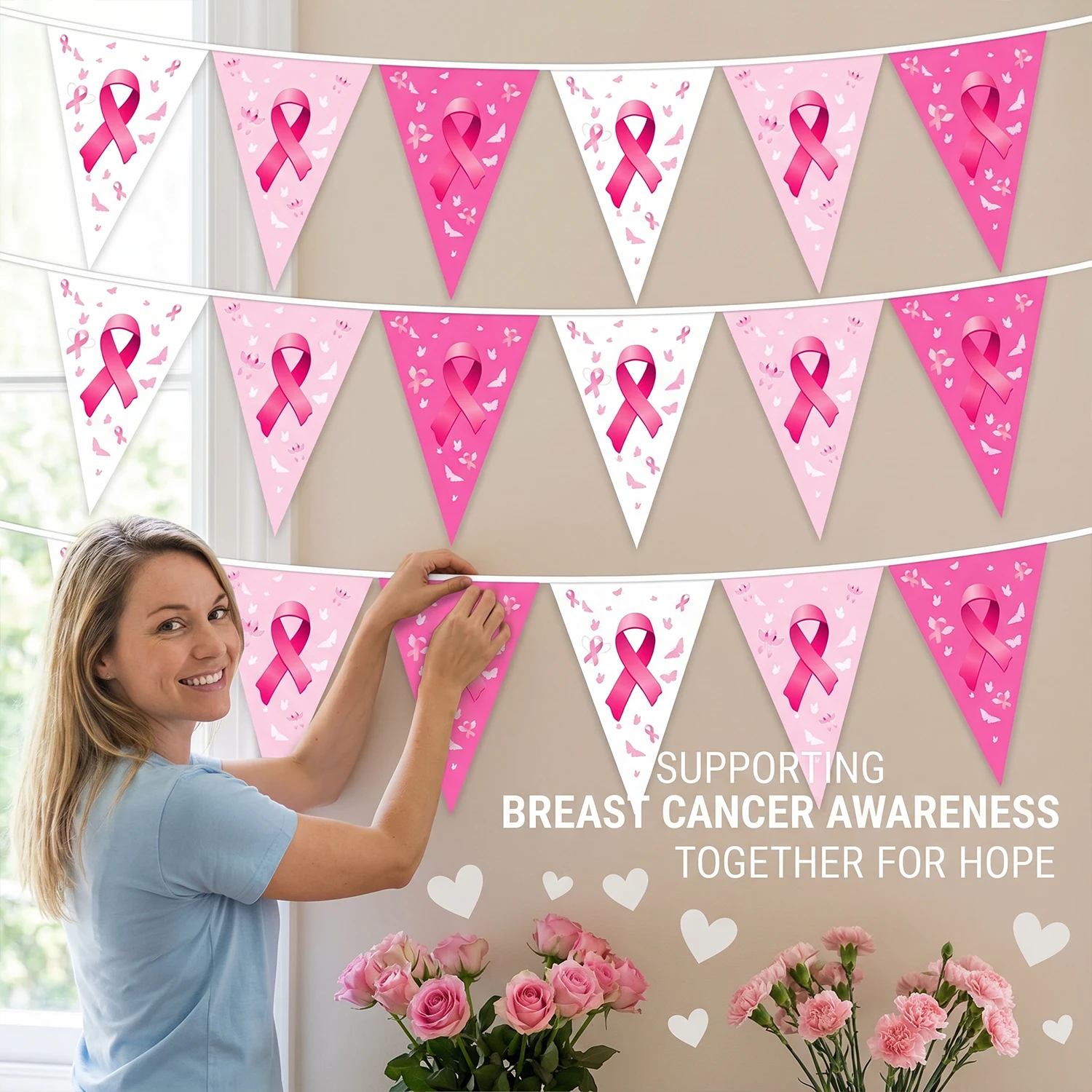 Guirlande de fanions rose pour la sensibilisation au cancer du sein, drapeaux triangulaires, imprimé papillon, pour collectes de fonds caritatives, fête, décoration murale