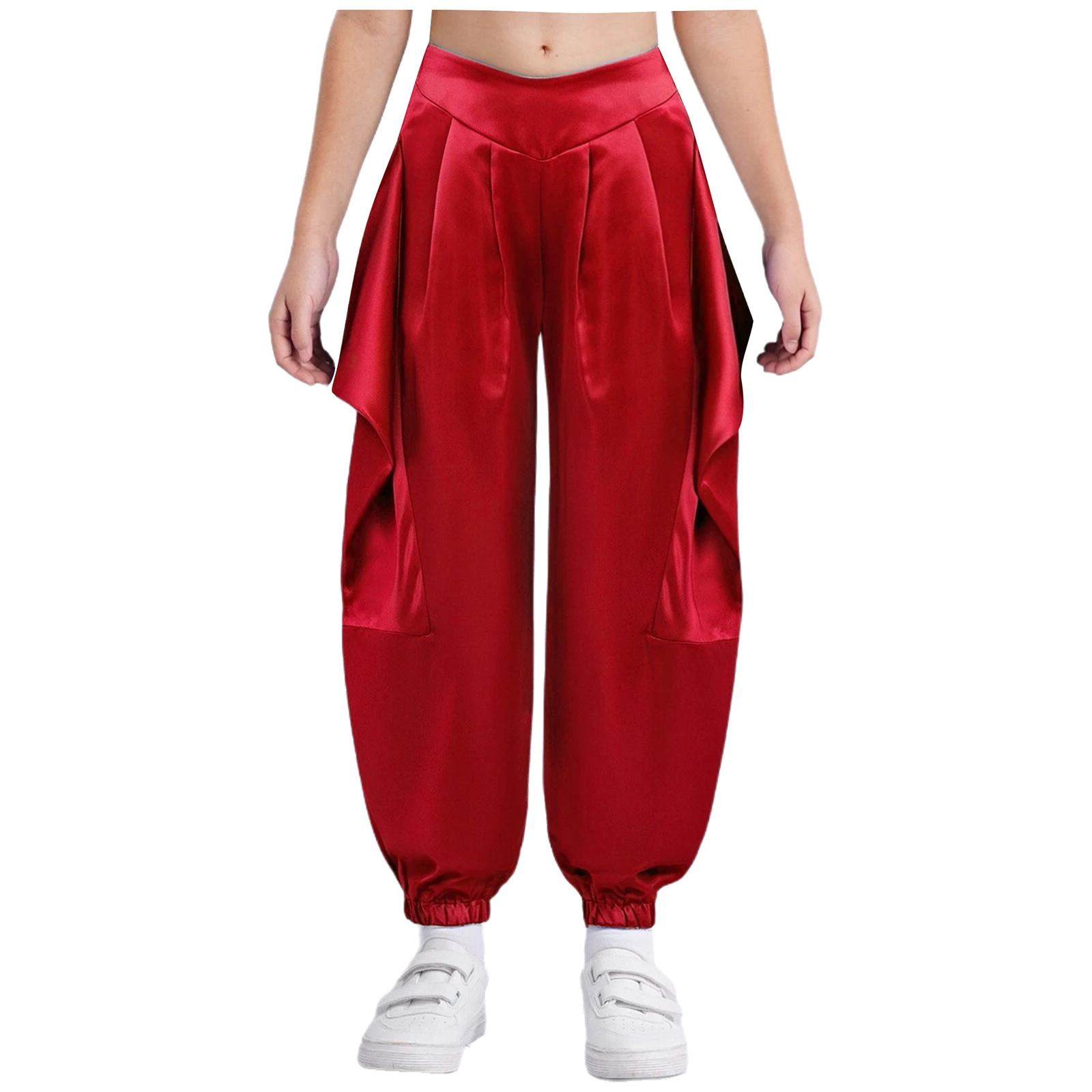 Pantaloni Harem per danza del ventre per ragazze per bambini Costume da ballo indiano Pantaloni con cintura semi elastica arricciata in tinta unita morbida per prestazioni