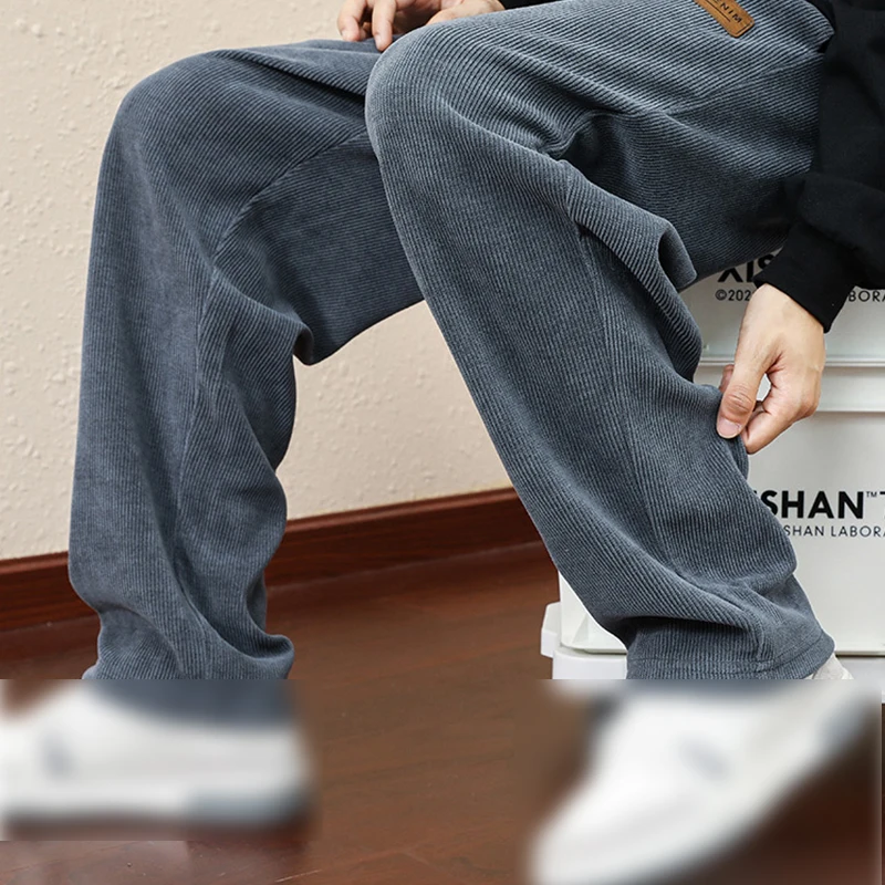 Men Winter Corduroy Drawstring Pants Winter Thick Plush Pants Men Casual Loose Straight Trousers Casual Baggy Sweatpants
