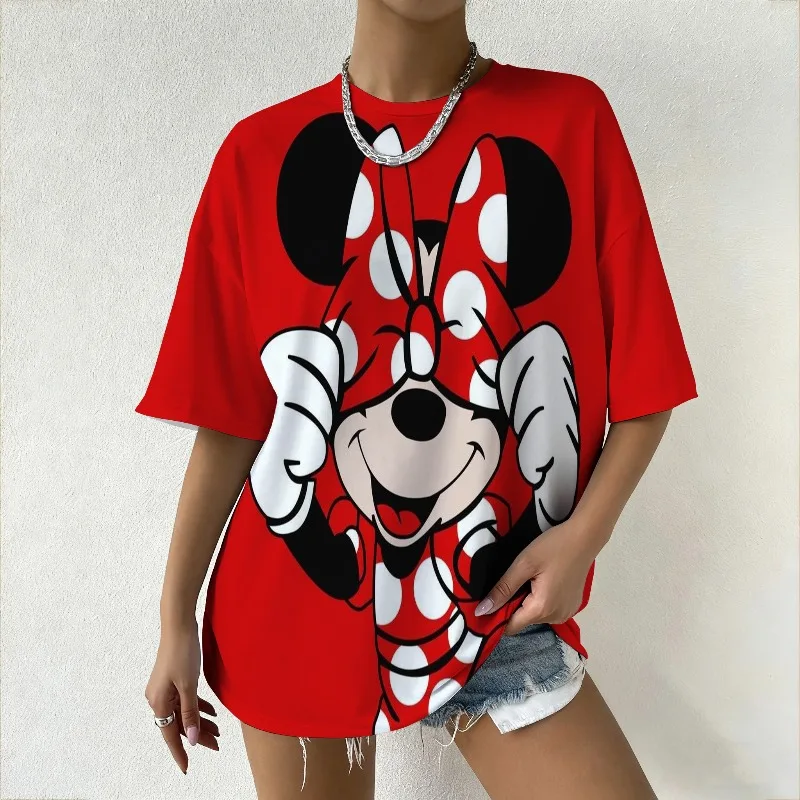 المرأة ديزني ميكي وميني ماوس الحب في جميع أنحاء تي شيرت مطبوع الصيف العصرية Y2k الأعلى لحفلات الشارع الشهير والأزياء غير الرسمية