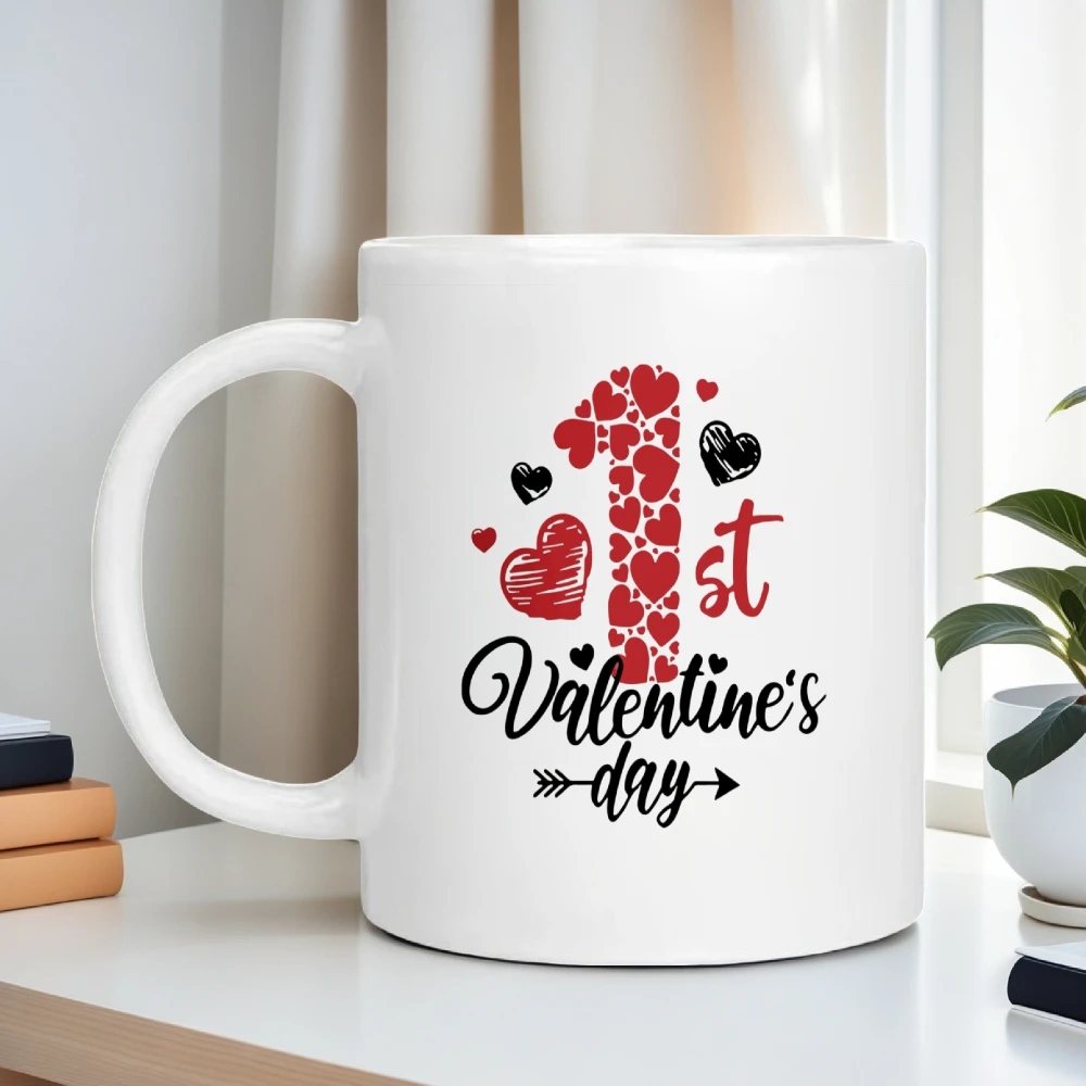 First Valentine's Day Heart-Shaped Mug, White Ceramic Coffee Mug, Romantic First Valentine's Day Gift, Couple's Home Tableware