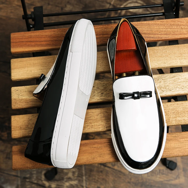 British Style Black White Mixed Colors Fashion Men\'s Panter Leather Loafer Shoes Daily Casual Banquet Slip-On Men Flat Shoes