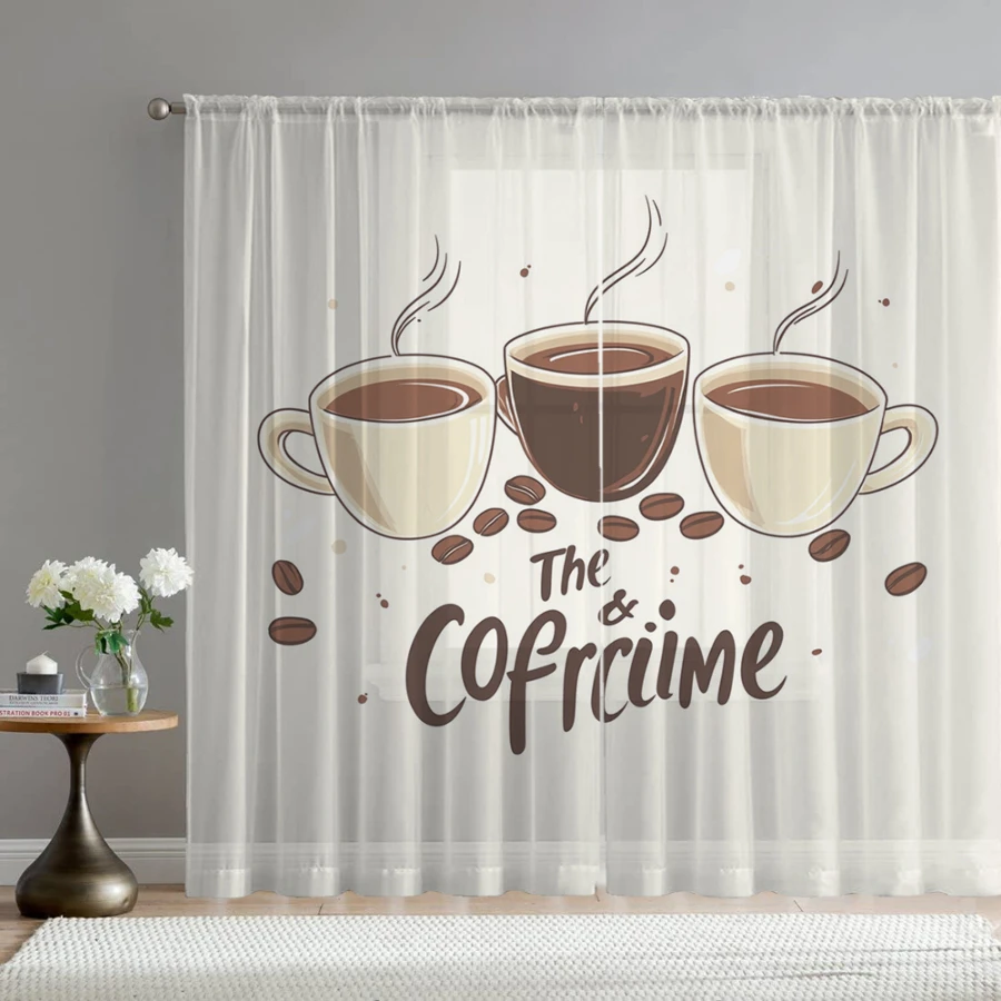 2PCS Digital Print Sheer Curtain, Three Cups Coffee, Modern Minimalist Window Curtains for Living Room Bedroom Home Decor