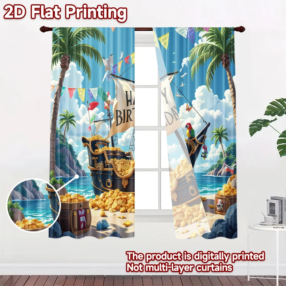 2D flat printing 2pcs Party Curtains Birthday Pirate Treasure Ship Digital Printed Polyester Drapes Seasonal Party & Holiday