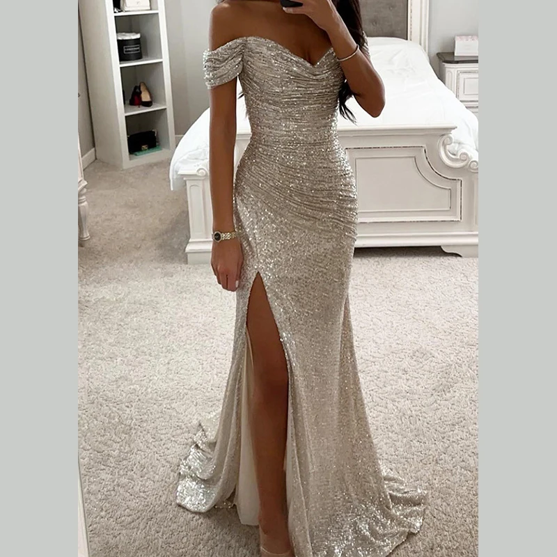 1 szt. Damska seksowna sukienka maxi na imprezę z rozcięciem, nowa sukienka z cekinami, dekolt typu one-line, modna, elegancka sukienka na bal, wieczorowa