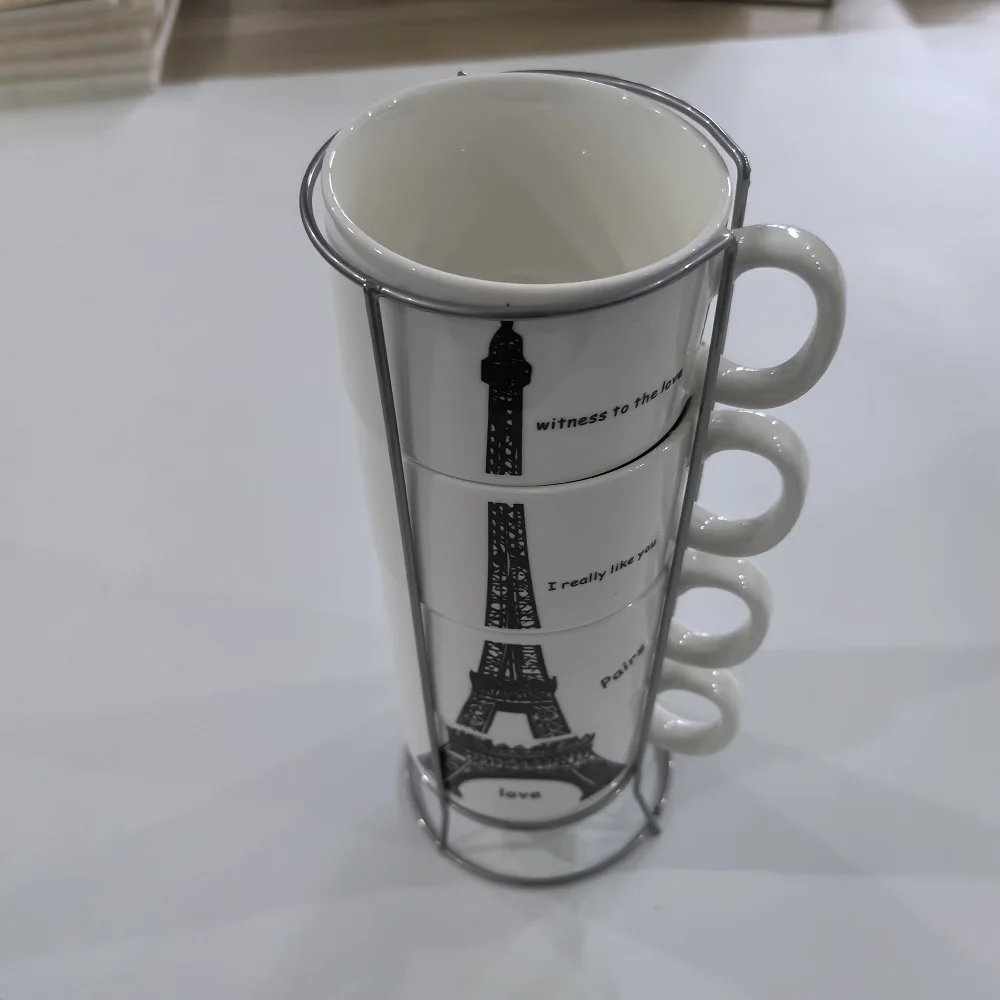 6oz  Tower Coffee Mug Set of 4 Stackable Coffee Mug With Rack Porcelain Stackable Cappuccino Cup With Metal Stand