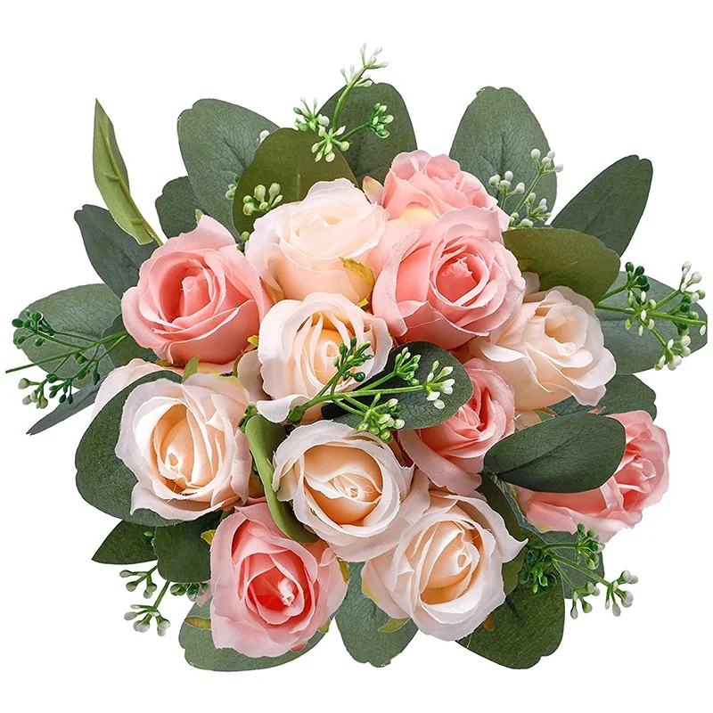 17Pcs Artificial Rose Flowers, 12 Silk Flowers Rose And 5 Artificial Eucalyptus Leaves Stems In Bulk, For Wedding Party