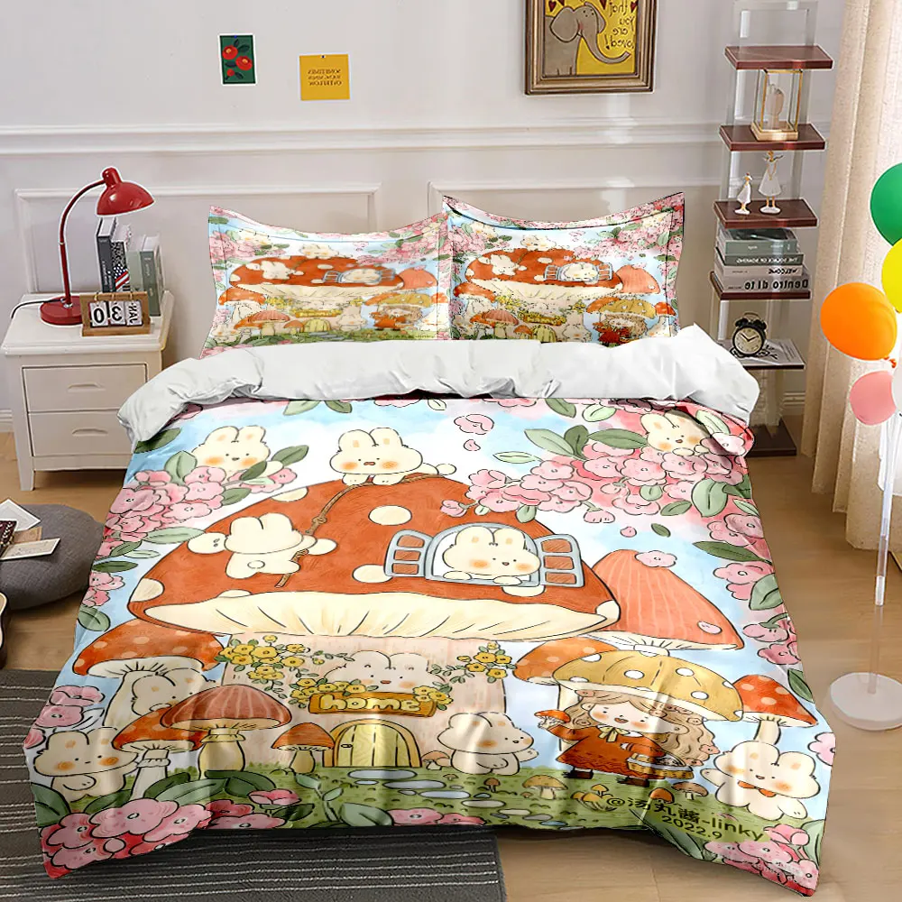Mushroom fairy forest, bunnies and girl Pattern Duvet Cover Set Digital Print Colorful Polyester Bedding with Zipper Closur