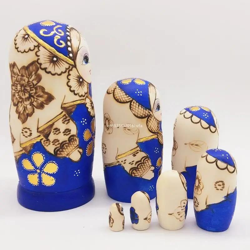 7pcs Blue Russian Nesting Dolls Wooden Matryoshka for Children Kids Gift Dropship