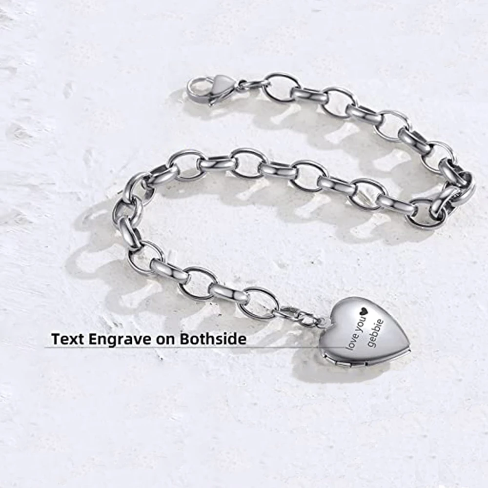 Stainless Steel Personalized Adjustable Heart Locket Bracelet Can Holds Pictures for Women Men Jewelry 21cm