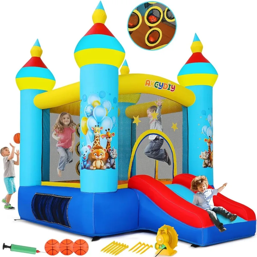 

Bounce House Outdoor Indoor Fun Bouncy House with Blower Tropical Jungle Animals Party Bouncer Slide Jumping Area Ball Toss Gam
