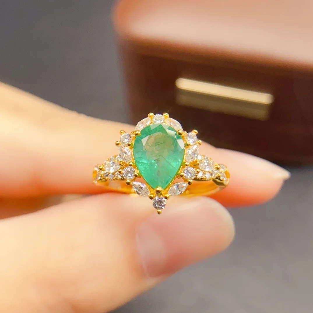 S925 Silver Natural Emerald Ring,7*9mm Pear Gem Zircon Halo Adjustable Women Statement Ring