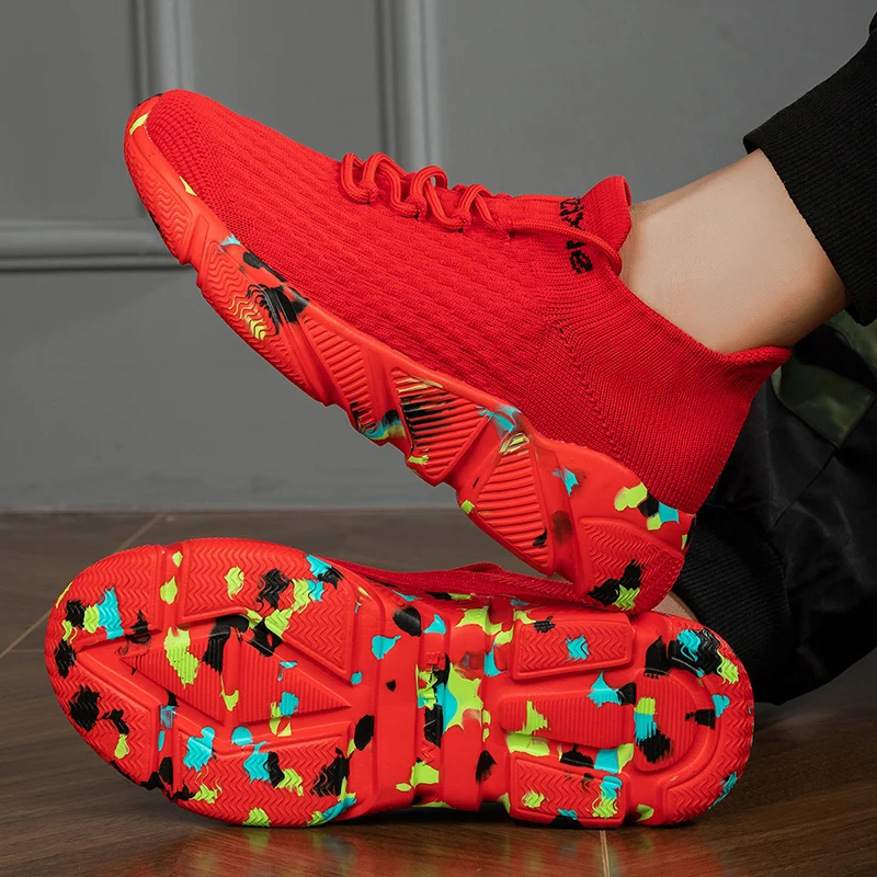 

Hot Selling Fashion Red Men's Running Sneakers Large Size 47 Breathable Weaving Athletic Shoes Couples Cheap Sport Sneaker Women