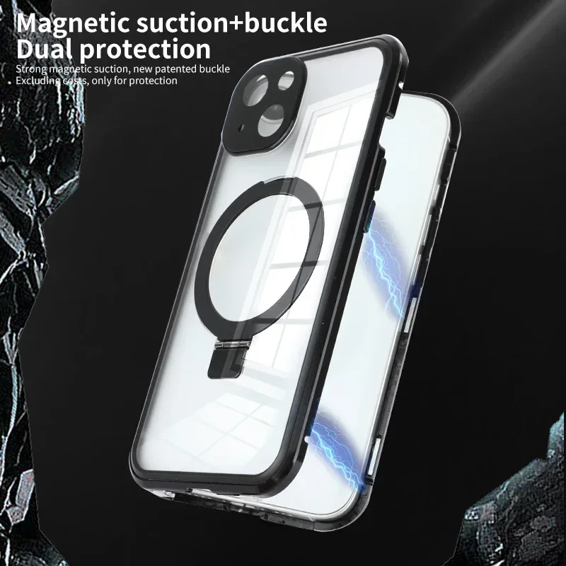 For iPhone 15 14 Plus 13 Pro Max Double Sided Metal Bumper Magnetic Stand Case Safty Lock Shockproof Cover Screen Lens Protector