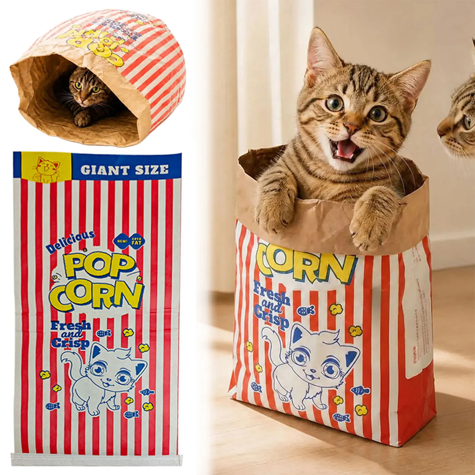Cat Sleep Play Cardboard Popcorn Bag Interactive Foldable Paper Bag Pet Toy Sturdy & Scratch-Resistant Travel Portable Comfort