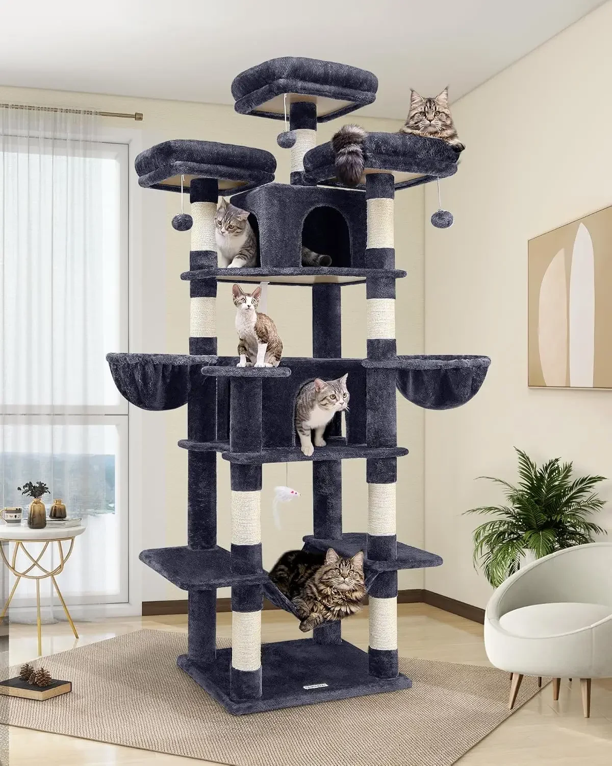 80inch Cat Tower for Multiple Adult Cats XXL Cat Tree with Scratching Post, Hammock, 3 Perches, 2 Condos, 2 Hanging Basket
