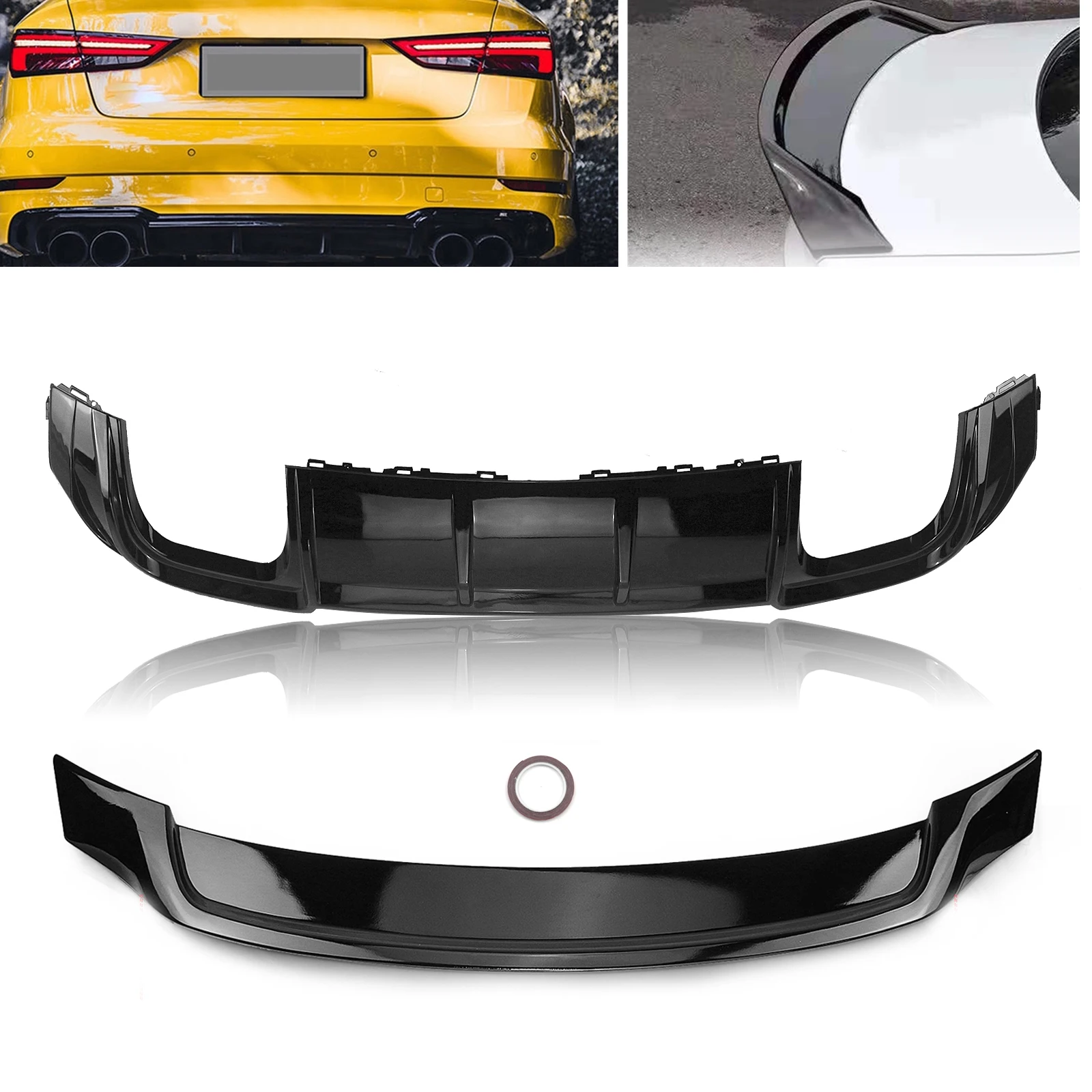 Car Rear Bumper Spoiler Diffuser Exhaust Lip & Rear Trunk Lid Roof Spoiler Wing For Audi S3 A3 Sport 2017 2018 2019 2020