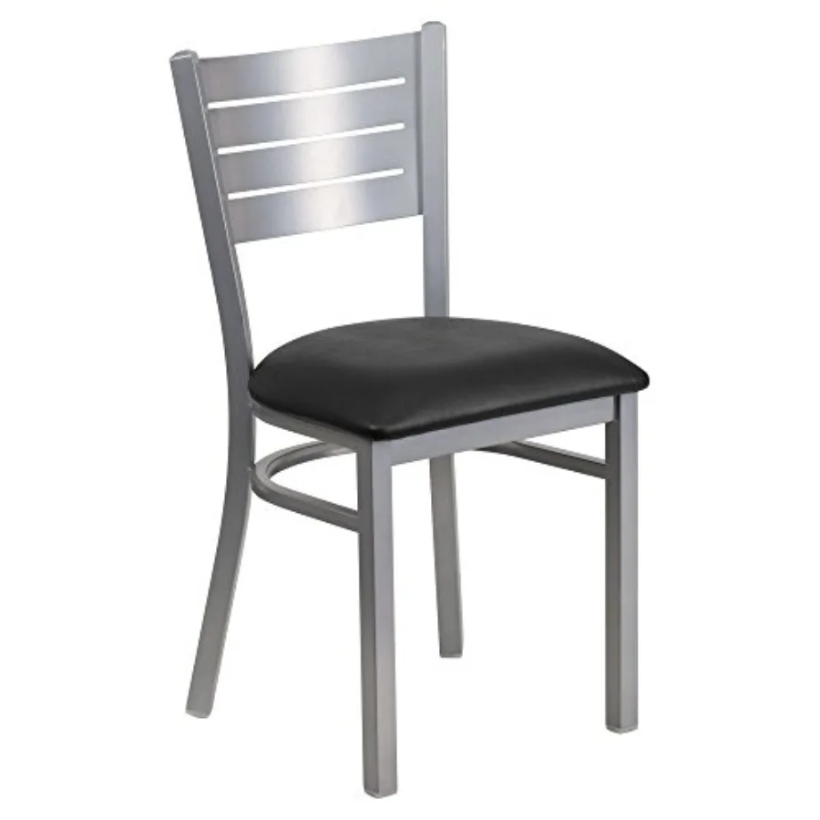 

HERCULES Series Silver Slat Back Metal Restaurant Chair - Black Vinyl Seat