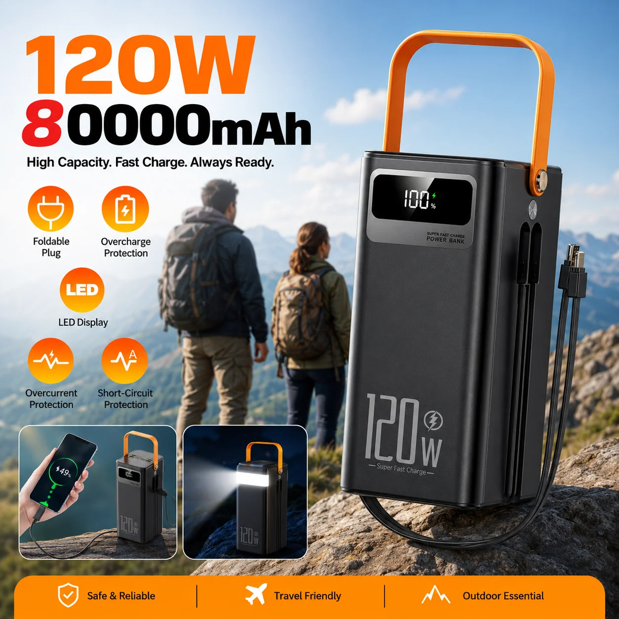 160000mAh Portable PowerBank 120W Super Fast Charger External Battery Supports Simultaneous Charging Devices Carregador Portátil
