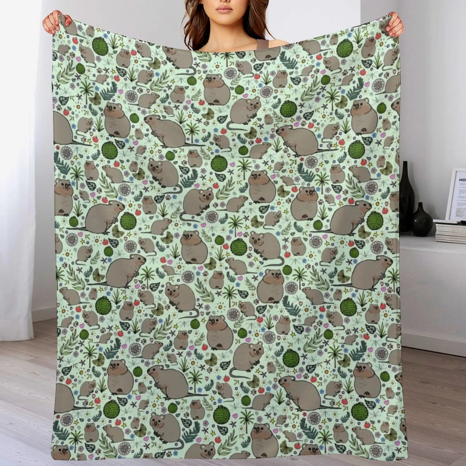 Quokkas in Green Throw Blanket