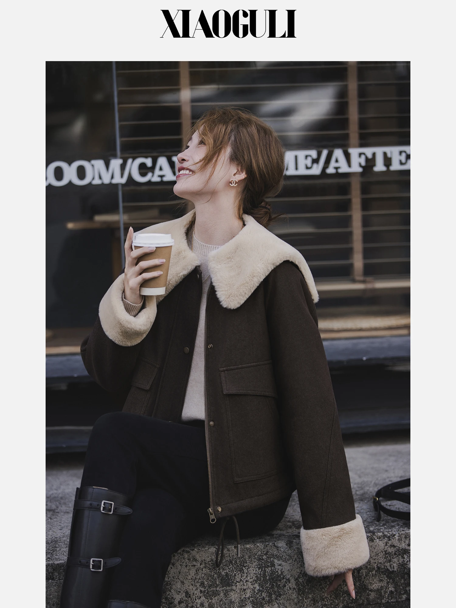 

Caramel Colored Rabbit Fur Jaet ort Women's Coat Large Collar Design Autumn Winter Faion Thiened Cotton Polyester Blend