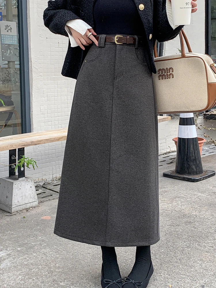 Office Ladies High Waist Woolen Skirts Women Fall Winter Straight Skirts Midi Pocket Skirt with Belt Black Grey