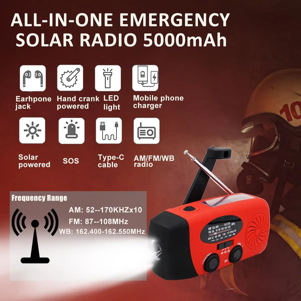 Alertsync 5000mah Emergency Weather Alert Radio, Hand Crank Radio Portable Phone Charger with 4 Modes Flashlight, AM/FM NOAA Sol