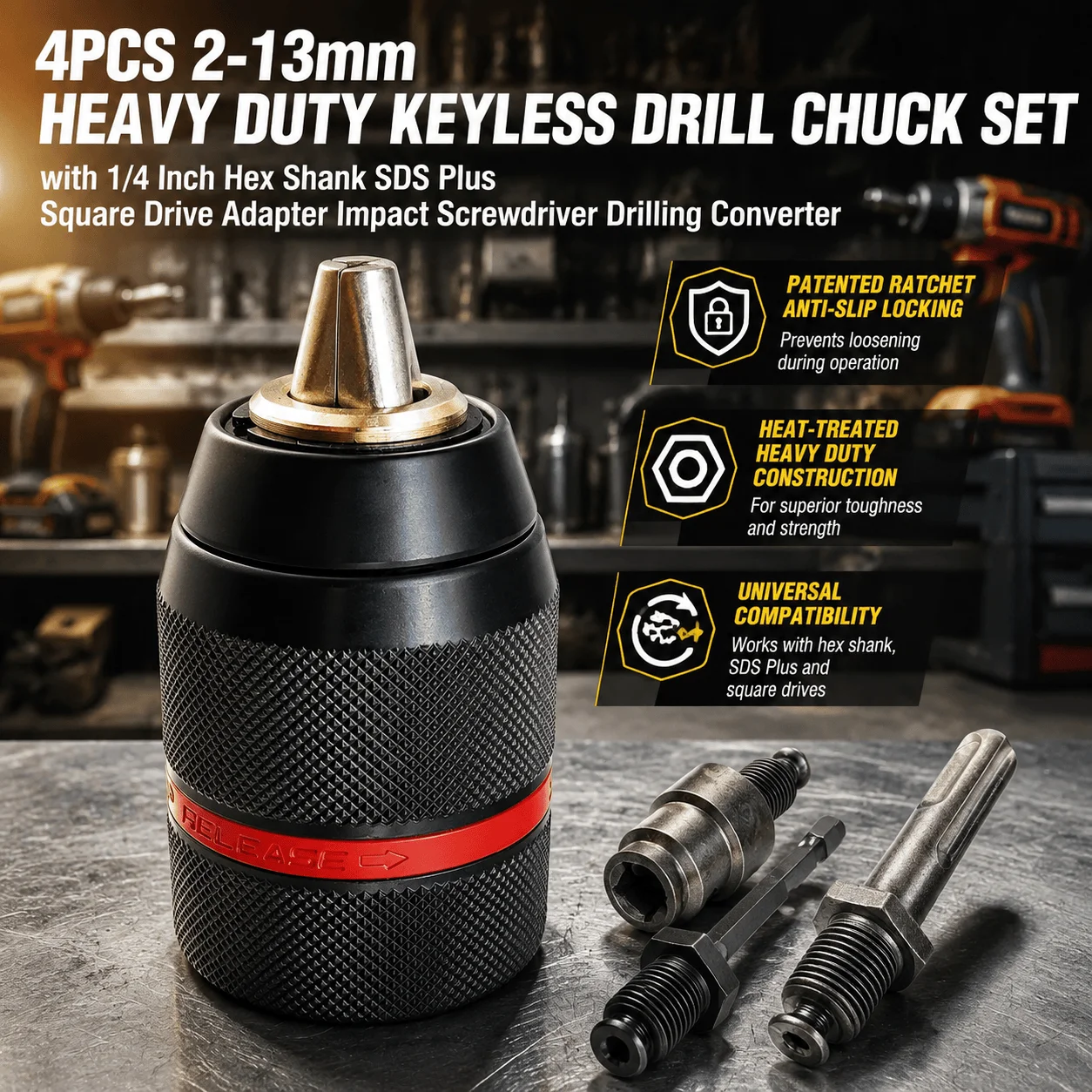 Power Tools Plus - キーレスドリルチャック インパクトドリルアダプター SDSプラスチャック ヘビーデューティードリルチャックセット 六角シャンクアダプター 13mmチャック