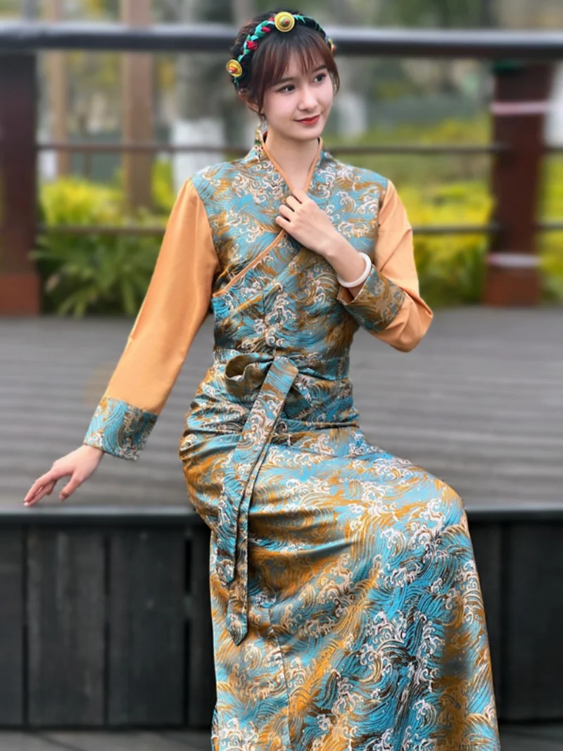 Tibetan Costumes Women's Kangba Robe Color Matching Clothing Guozhuo Skirt Lace Brocade Ethnic Style
