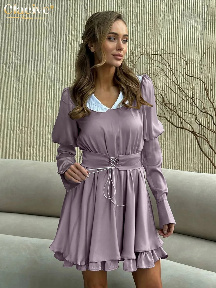 

Clacive Fashion Loose Dark Pink Satin Women's Dress 2024 Elegant Lapel Long Sleeve Mini Dresses Casual Pleated Female Dress