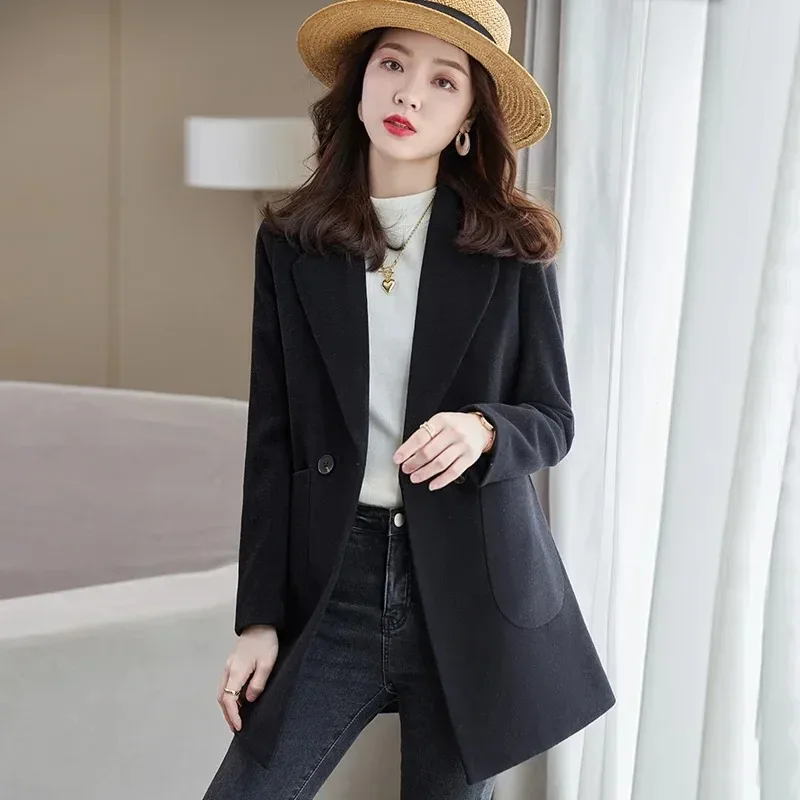 High-end cáqui terno feminino jaqueta casaco de comprimento médio 2025 outono inverno nova moda elegante casual senhora do escritório blazer de lã feminino