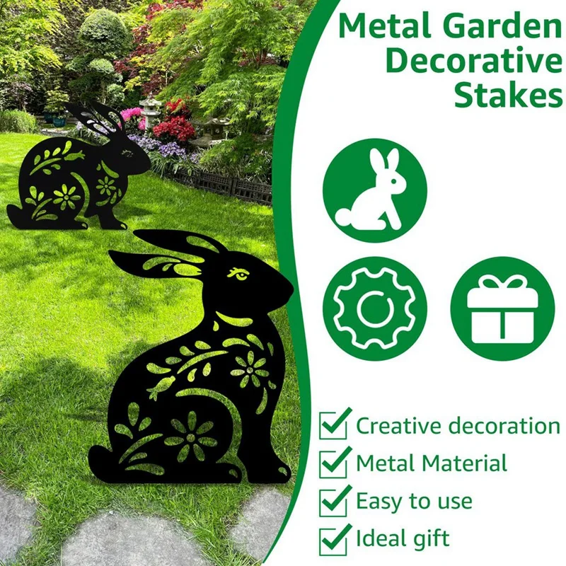 2 Pcs Bunny Garden Stakes Metal Bunny Stakes Metal Garden Rabbit Decorations Statues Creative Rabbit Silhouette Lawn