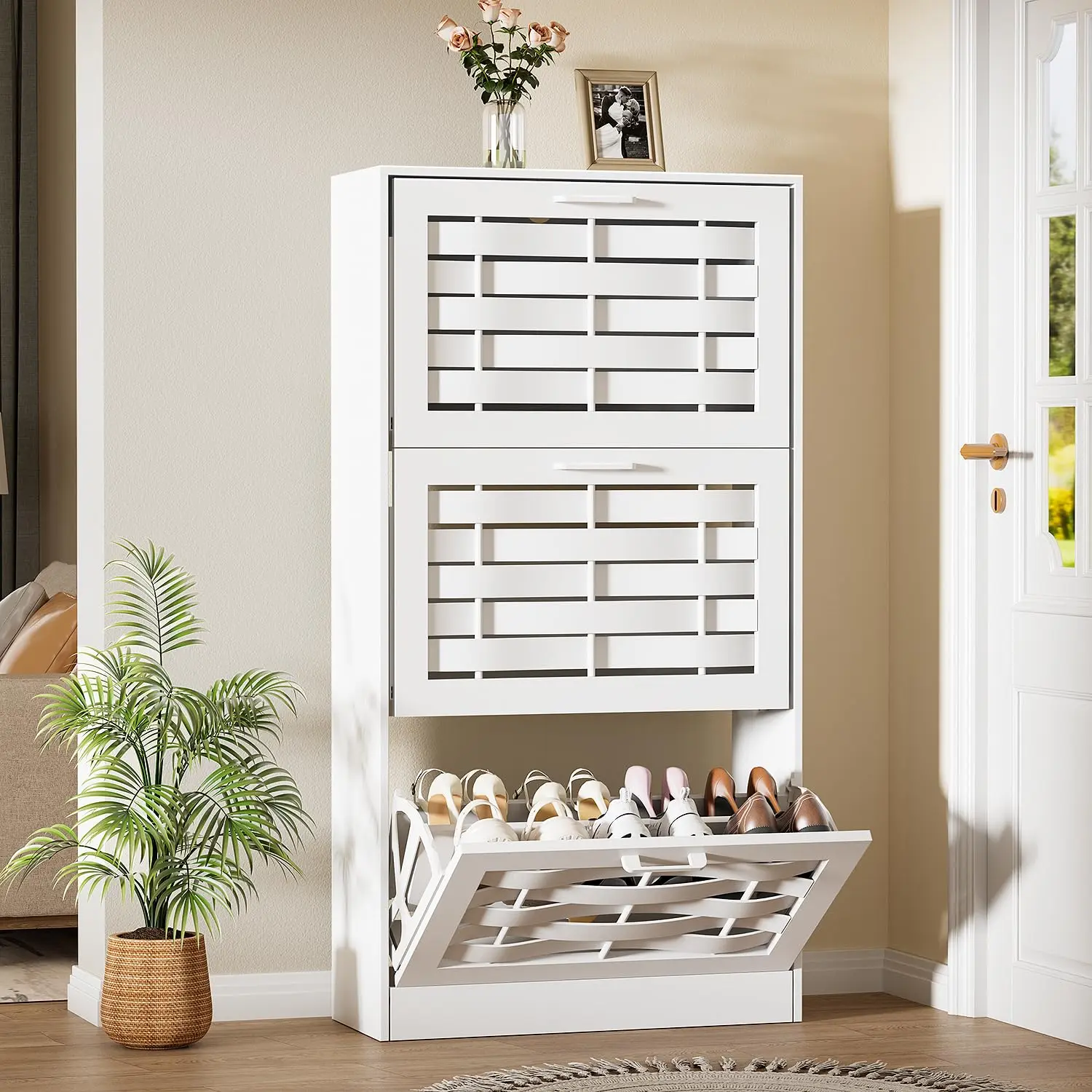 Slim Shoe Cabinet With 3 Flip Drawers & Handwoven Panel, Entryway Hallway Living Room Organizer, White, Customized