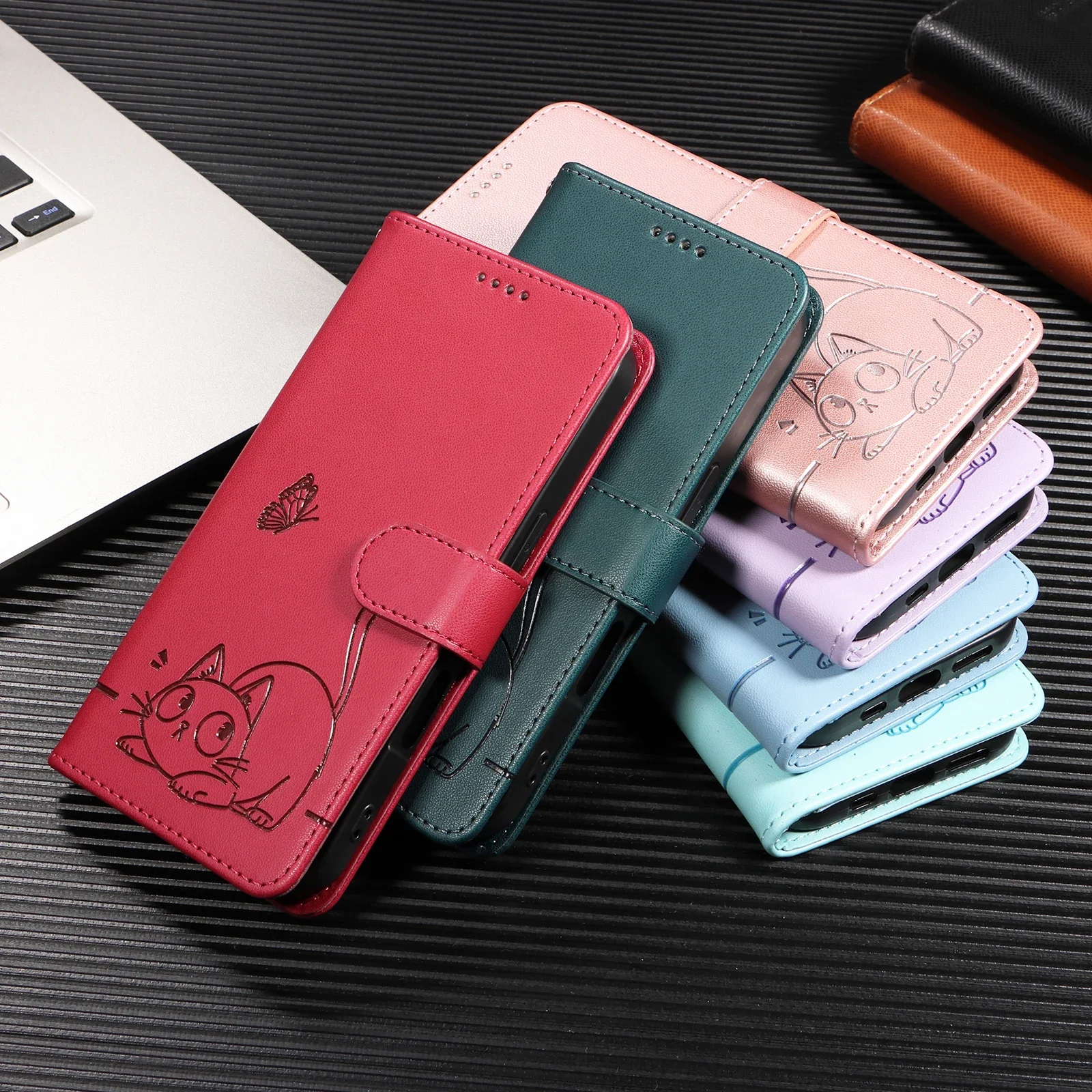 Leather Wallet Flip Case for Honor Magic 8 7 6 X5C X6D X6C X70 X8D X9C X9D 600 Pro Lite  | Cat & Butterfly Embossed Design view 5