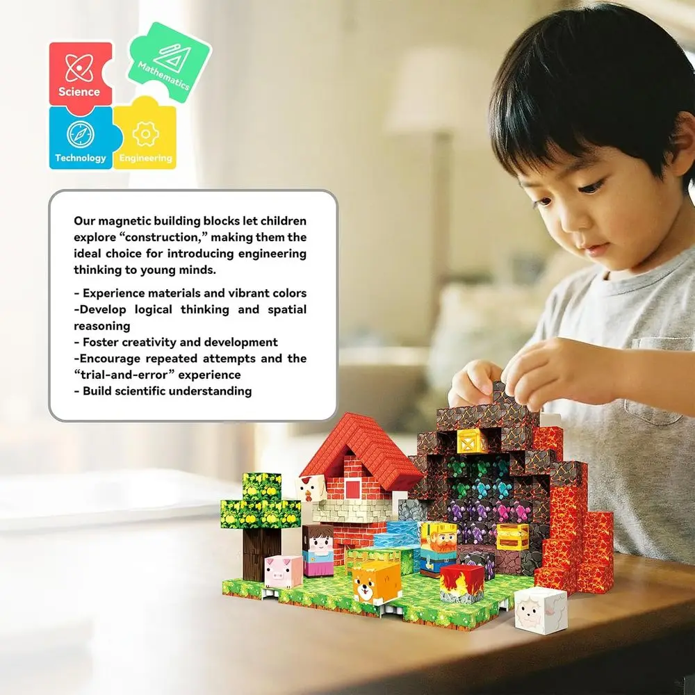 150피스 자석 빌딩 큐브 세트 - 어린이용 농장 테마 교육용 장난감, STEM 장난감, 남자아이들에게 완벽한 선물