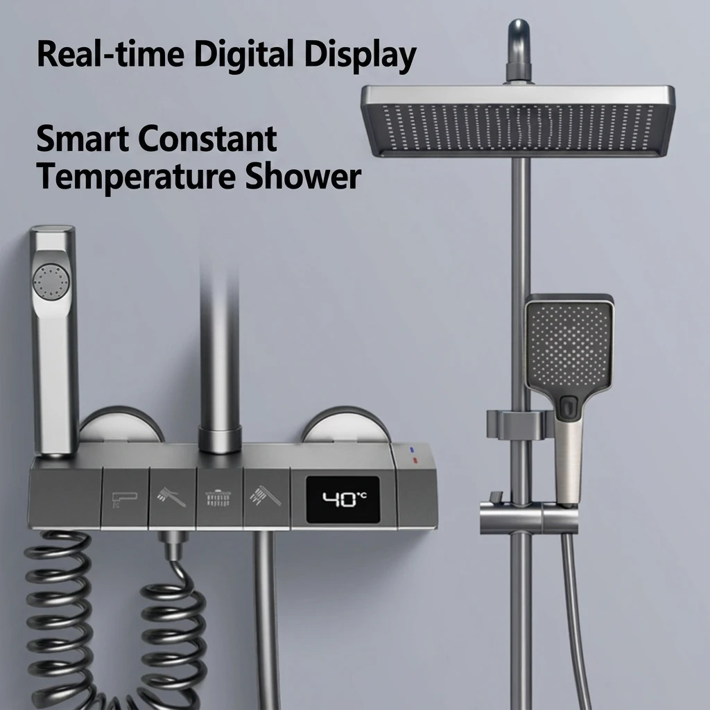Shower Set,Thermostatic Shower System Dual Handle Rainfall Jet Shower Heads Ceramic Valve Core Brass Construction Anti-scald Pro