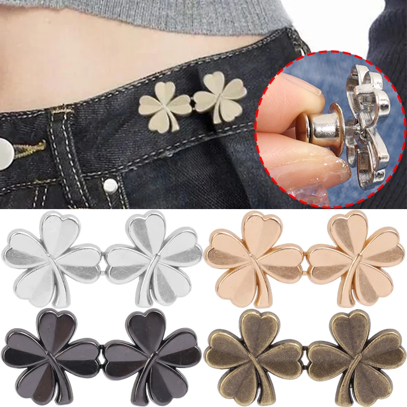 1Pair Four Leaf Clover Tightener Adjustable Waist Buckle For Jeans No Sewing Required Button Removable Pants Skirts Waist Button