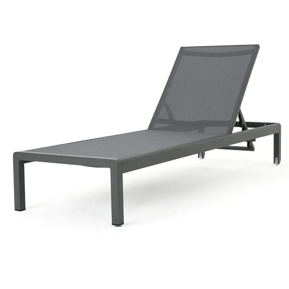 Cape Coral Outdoor Aluminum Chaise Lounge with Mesh Seat, Grey / Dark Grey