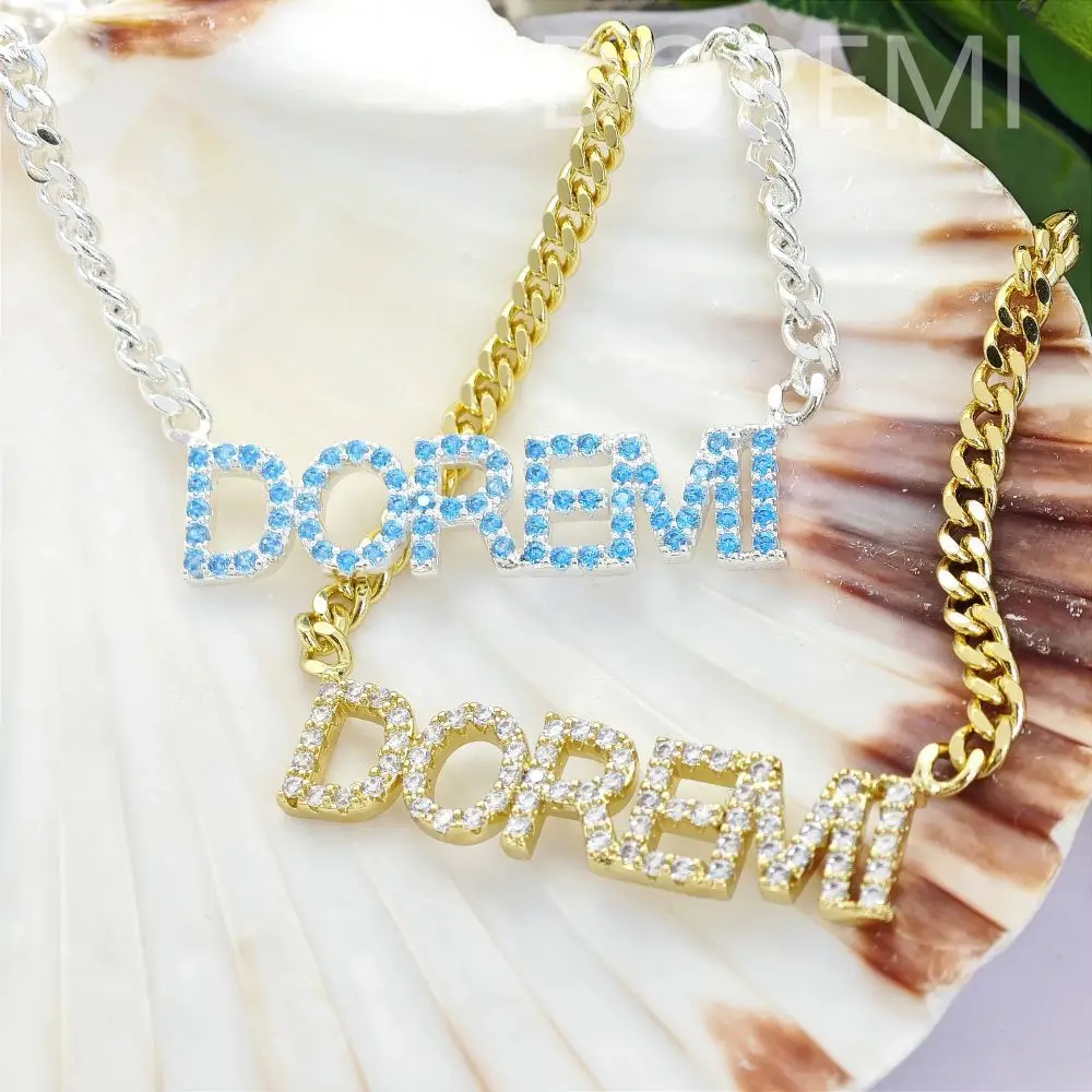 

DOREMI Custom Initial Thin Chain Cuban Chain Personalized Custom Name Necklace 6mm/9mm Size Letters Crystal Name Necklace