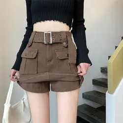 Y2K High Waist Cargo Skirts Women Fashion Korean Chic with Belt Short Culotte Skirts Female Pocket Streetwear Jean Mini Skirts