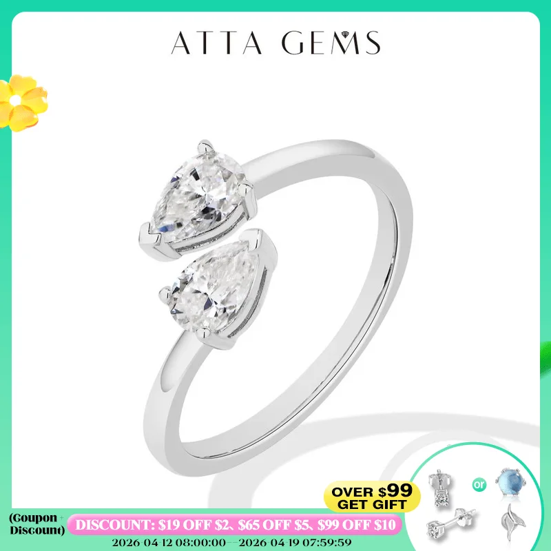 

ATTAGEMS 925 Sterling Silver Double Pear Cut Moissanite Rings for Women D VVS1 0.5ct Two Stones Open Ring Daily/Wedding Jewelry