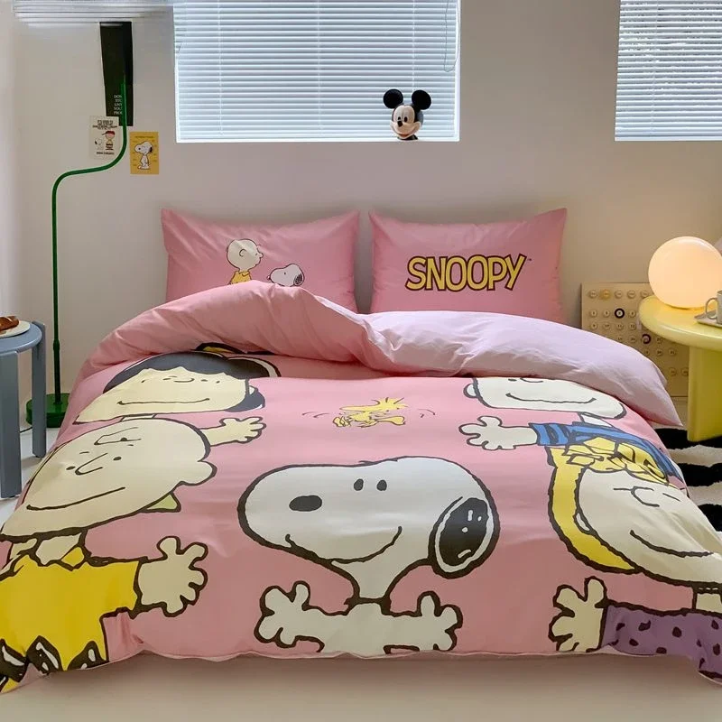 

Snoopy student dormitory new cute cartoon digital printing pure cotton antibacterial bed sheet and quilt cover three-piece set