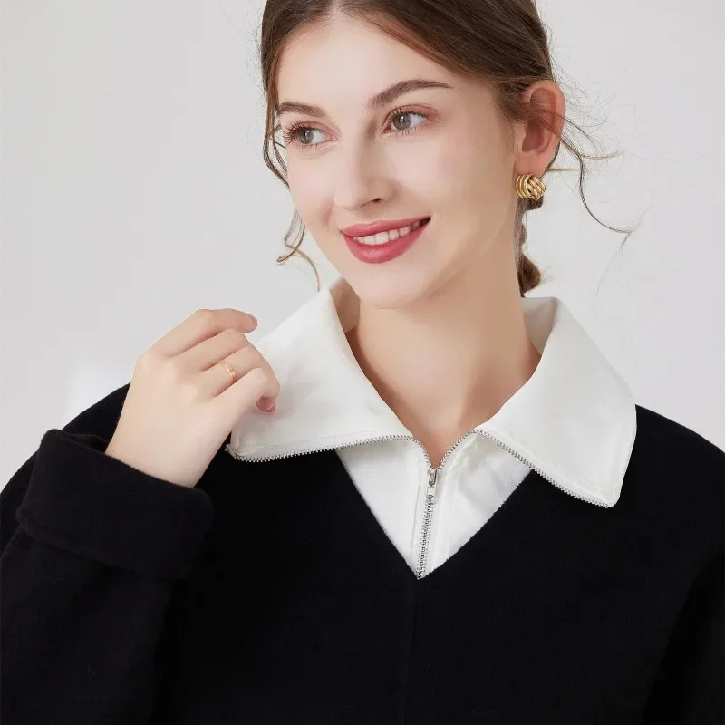 Novelty Zipper Half Shirt Detachable Collar for Womens Large Lapel Autumn Matching Sweater Hoodie Fake Collars