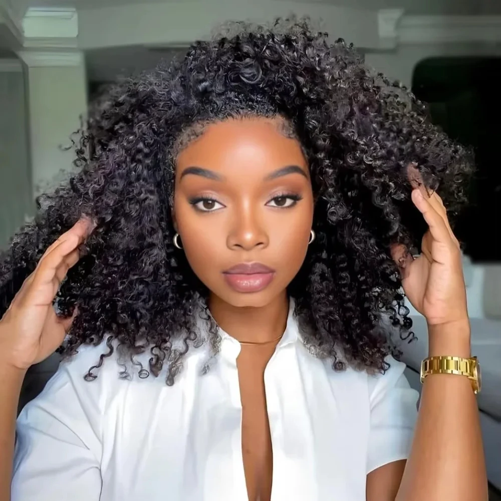 

Half Wig Kinky Curly 200% Density Remy Hair Curly Wig 100% Human Hair No Leave Out Upgrade Glue Clip In Half Wig For Women