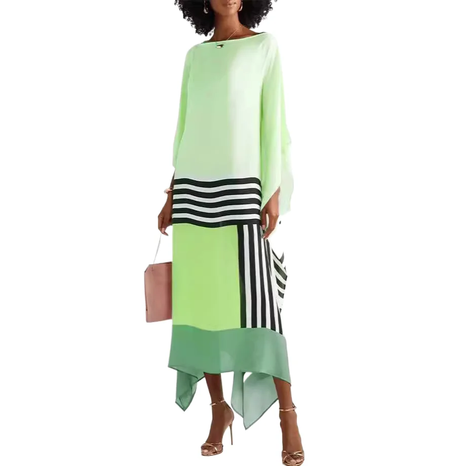 

Candy Stripe Print Patchwork Kaftan Dresses Womens New Spring Summer O Neck Irregular Long Dress New National Style Dress