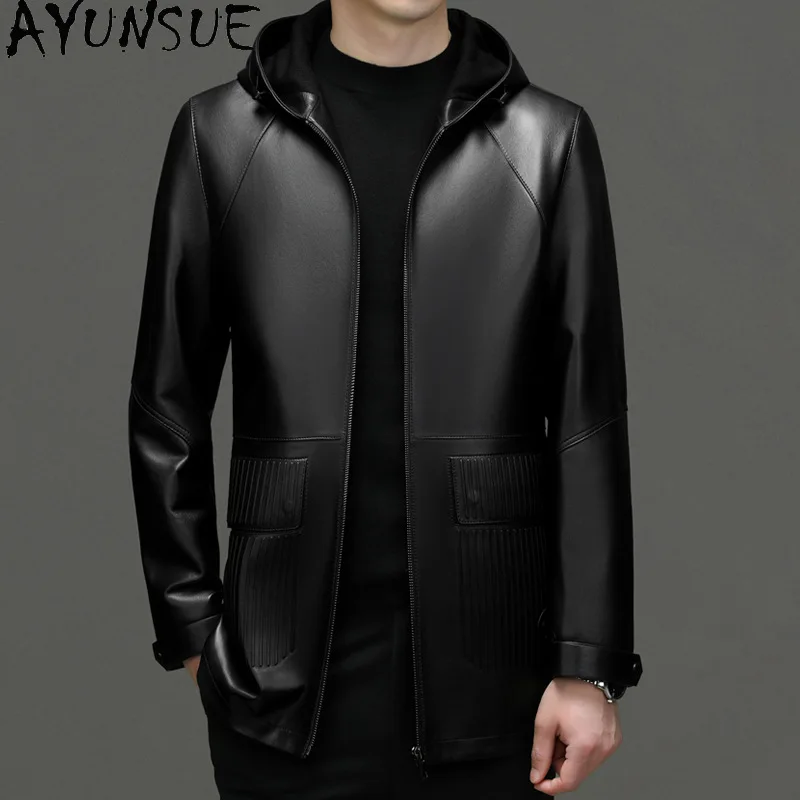 AYUNSUE Real Sheepskin Mens Genuine Leather Jacket Men Hoodie Mens Jacket Spring Autumn Men Clothing New Chamarras Para Hombre