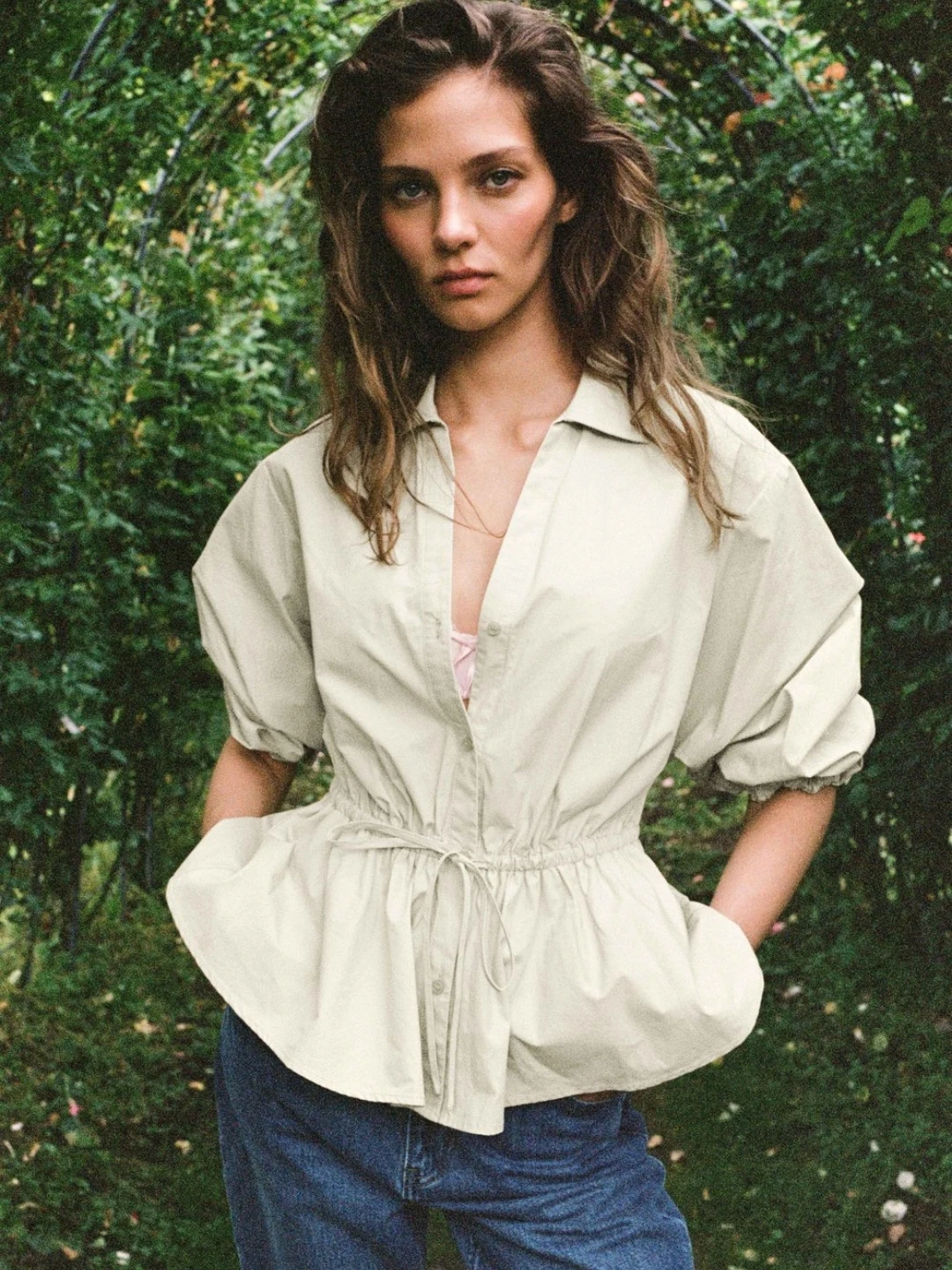 RUL Home Cotton Bubble Sleeve Shirt Drawstring Waist Design Casual Women's T-shirt Full of Vintage Style for Ladies