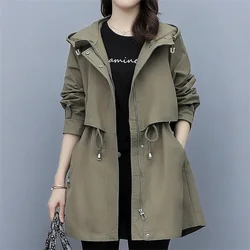 2023 New Women Hooded Trench Coat Loose Windbreaker Coat Spring Autumn Lady Outerwear Casual Tops Classic Style Zippers Jackets