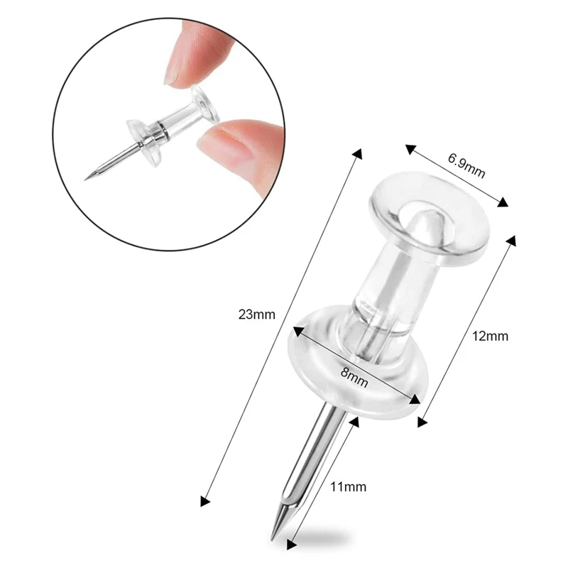 Push Pins Tacks 1000 Count In Reusable Box, Standard Clear Thumb Tacks Steel Point And Clear Plastic Head